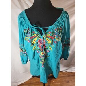 Kyla Seo Size Large Turquoise Floral Embroidered Blouse